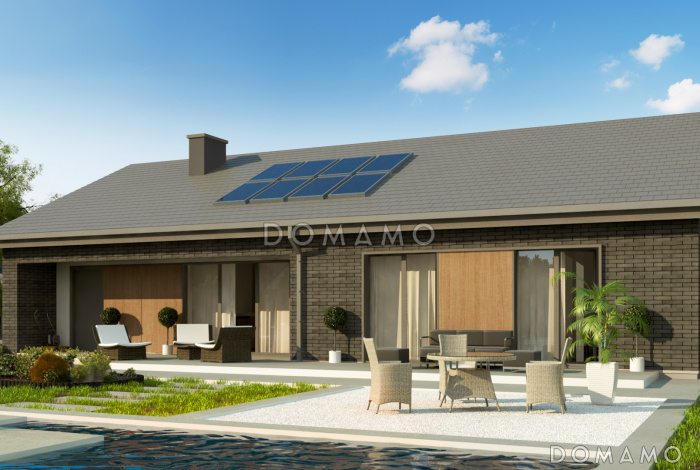 Проект одноэтажного дома с гаражом на одну машину, кладовой на кухне, хозяйской спальней, просторной гостиной с выходом на террасу