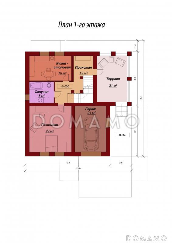 Проект двухэтажного дома с подвалом, гаражом и террасой / План 1 этажа