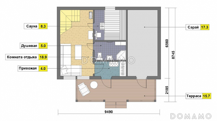 Проект бани из пеноблоков с мансардным этажом / План 1 этажа