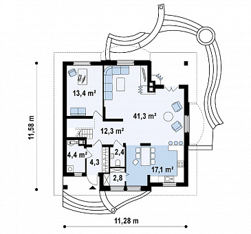 Проект одноэтажного мансардного дома из газобетона с кирпичной облицовкой с двумя балконами и барбекю на террасе  / План 1 этажа
