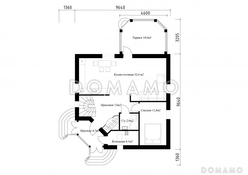 Проект необычного дома с крыльцом на углу / План 1 этажа