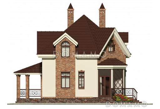 Проект квадратного  коттеджа  со входом с угла и большой террасой / Фасад 3