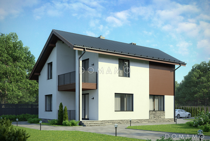 Проект  стильного дома из пеноблоков  с навесом для машины