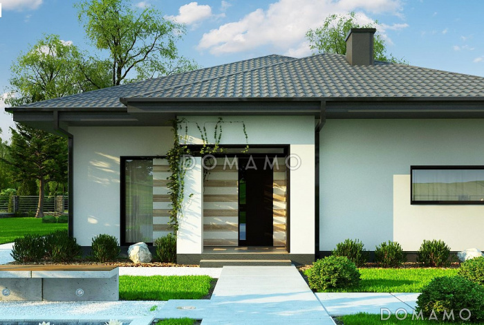 Проект одноэтажного дома из кирпича с тремя спальнями, просторной дневной зоной и большой террасой