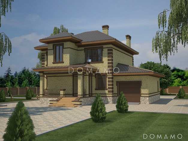 Проект двухэтажного дома с пристроенным гаражом, террасой и крыльцом