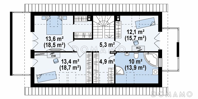 Проект одноэтажного мансардного дома из кирпича с гаражом на два автомобиля для вытянутого участка / План мансардного этажа