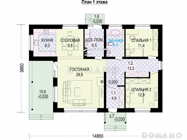 Проект одноэтажного компактного дома из газобетона с двумя спальнями, просторной дневной зоной и крытой террасой / План 1 этажа