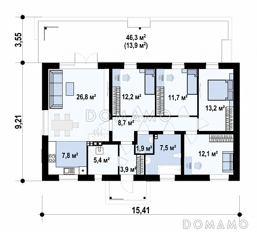 Проект одноэтажного дома с разделением спален и дневной зоны, террасой, угловой кухней, камином / План 1 этажа