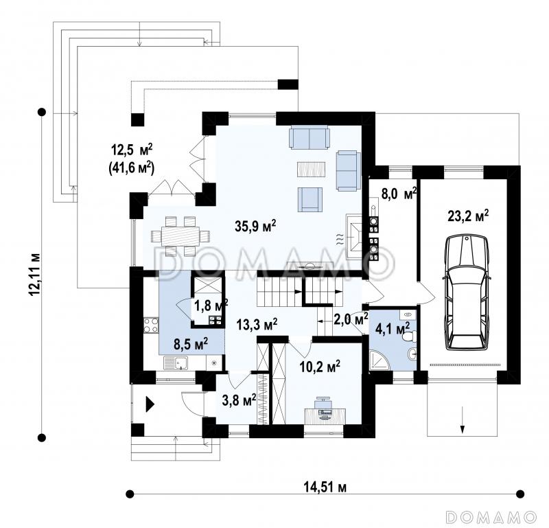 Проект дома с подвалом, гаражом, террасой, кладовой на кухне, балконом / План 1 этажа