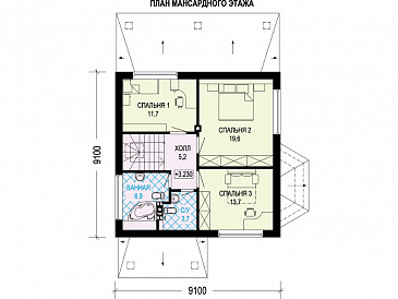Проект дома с эркером в кухне, террасой, гостевой комнатой на первом этаже / План мансардного этажа