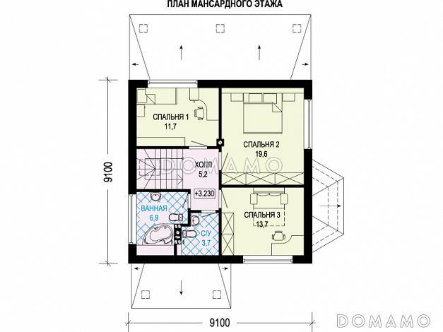 Проект дома с эркером в кухне, террасой, гостевой комнатой на первом этаже / План мансардного этажа