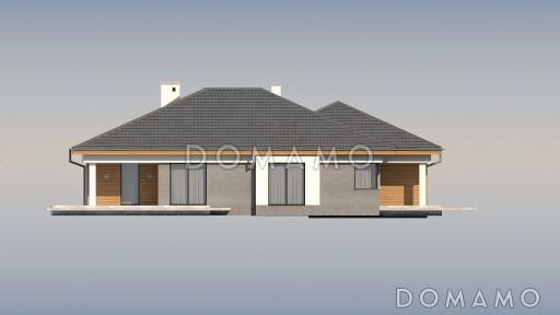Проект одноэтажного просторного дома из газобетона с крытой террасой, эркером и гаражом для двух автомобилей  / Фасад 4