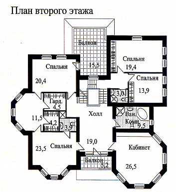 Проект дома из кирпича с необычной в плане каминной комнатой / План 2 этажа