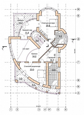 Проект коттеджа с двусветной гостиной и зимним садом / План 2 этажа