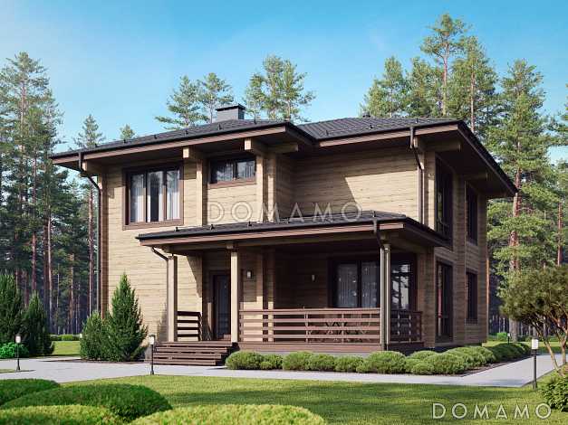 Проект дома из бруса с угловой террасой, вместительной гардеробной и кабинетом