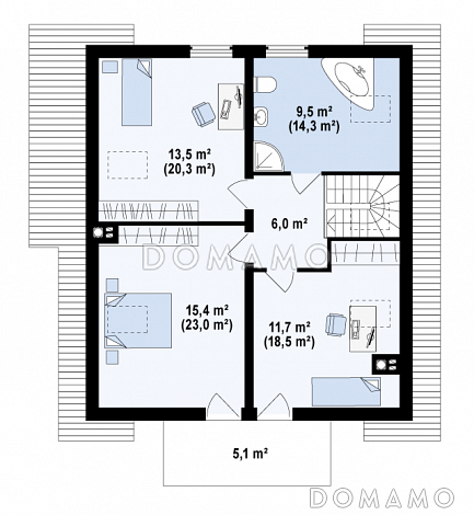Проект одноэтажного мансардного дома из газобетона с эркером и большой площадью остекления в гостиной / План мансардного этажа