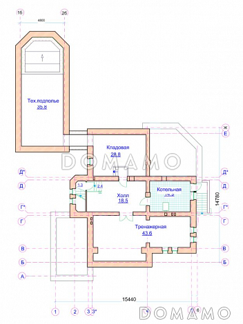 Проект коттеджа с двусветной гостиной, отдельным бассейном и гаражом / План цокольного этажа
