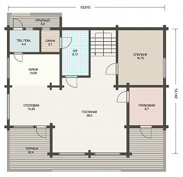 Проект дома из клееного бруса для круглогодичного проживания семьи / План 1 этажа