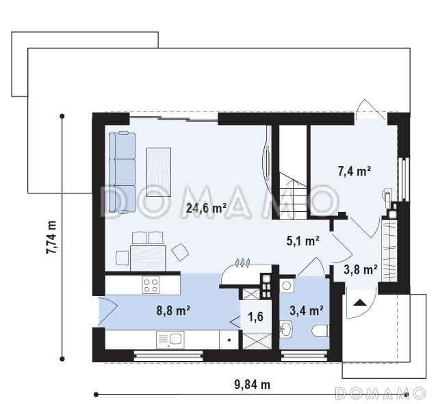 Проект компактного одноэтажного дома из газобетона с ночной зоной на мансардном этаже и открытой террасой вдоль дома / План 1 этажа