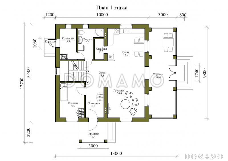 Проект двухэтажного дома с четырьмя спальнями, просторными верандой и гостиной / План 1 этажа