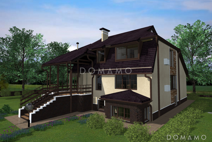 Проект дома с цокольным и мансардным этажами, с круглым эркером и террасой