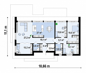 Проект одноэтажного дома с ванной с окном, кабинетом, просторными гостиной и кухней-столовой / План 1 этажа