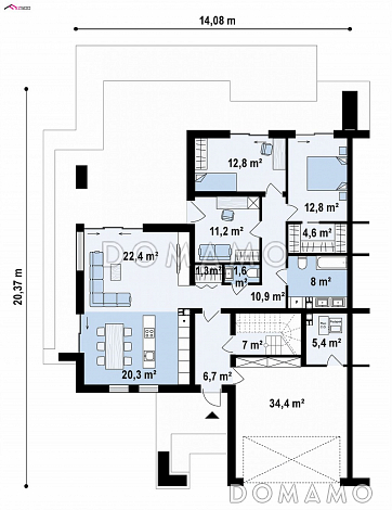 Проект современного двухуровневого дома из кирпича с плоской крышей, террасами и гаражом  / План 1 этажа