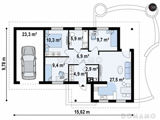 Проект небольшого одноэтажного дома из кирпича с тремя спальнями, красивой угловой террасой и гаражом / План 1 этажа