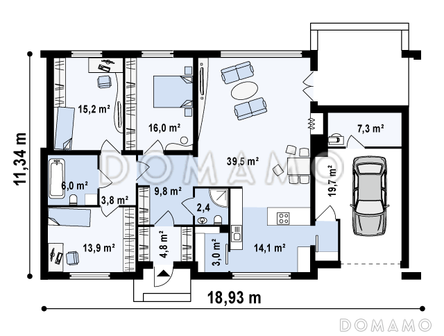 Проект современного одноэтажного дома из кирпича с плоской крышей, тремя спальнями и гаражом / План 1 этажа