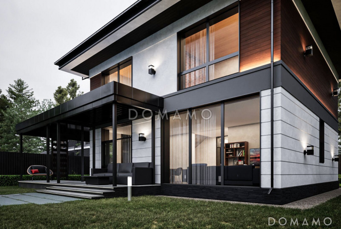 Проект двухэтажного дома с 3 спальнями, кабинетом и автонавесом