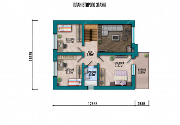 Проект дома с панорамными окнами, вторым светом и четырьмя спальнями / План мансардного этажа
