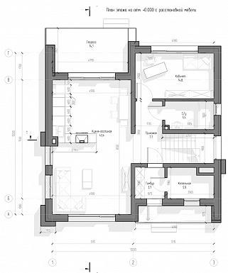 Проект двухэтажного дома с панорамными окнами, кабинетом, 3 спальнями, кухней-гостиной / План 1 этажа