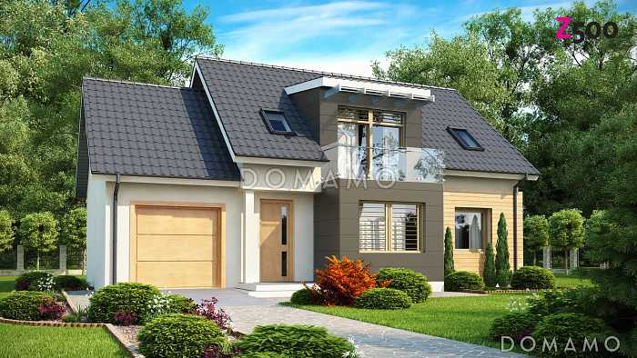 Проект одноэтажного мансардного дома из газобетона с гаражом, для двух семей на разных уровнях 