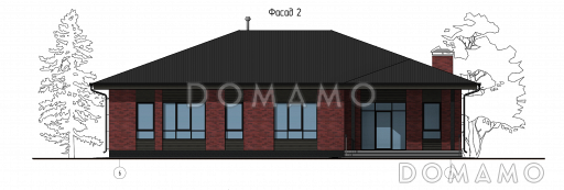 Проект одноэтажного дома с детскими комнатами, кабинетом, хозяйской спальней, террасой / Фасад 2