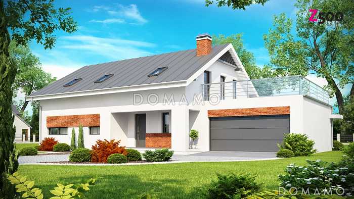 Проект просторного одноэтажного дома с мансардным этажом из кирпича со встроенным гаражом и большой террасой над ним