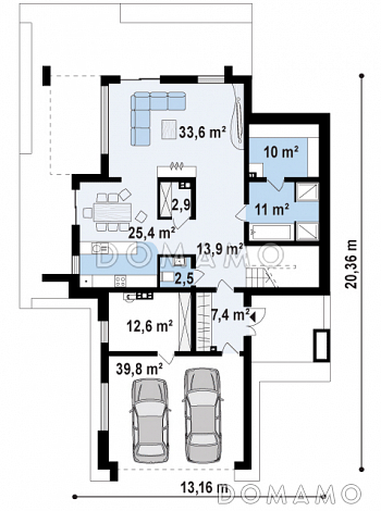 Проект просторного двухэтажного дома из газобетона с четырьмя спальнями,  гаражом и сауной / План 1 этажа
