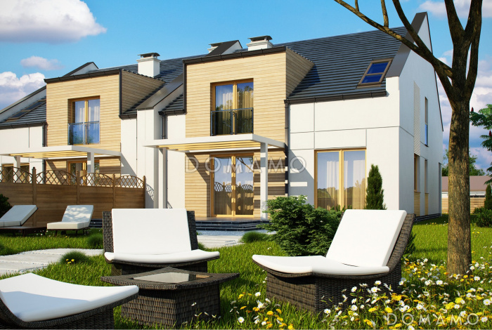 Проект мансардных домов-близнецов из кирпича с гаражом и современными элементами дизайна