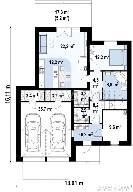 Проект двухэтажного загородного дома с плоской крышей, гаражом, террасами / План 1 этажа