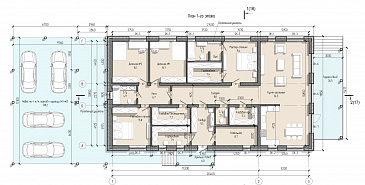 Проект одноэтажного дома с большим навесом для автомобилей, мастер-спальней и широкой террасой / План 1 этажа