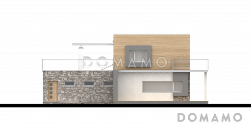 Проект современного двухэтажного дома с плоской крышей из газобетона с четырьмя спальнями, гаражом и просторной террасой над ним / Фасад 1