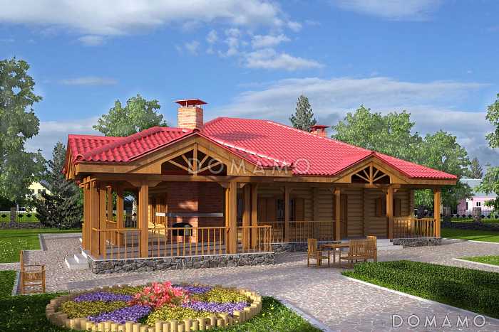 Проект бани из бревна с просторной террасой и барбекю