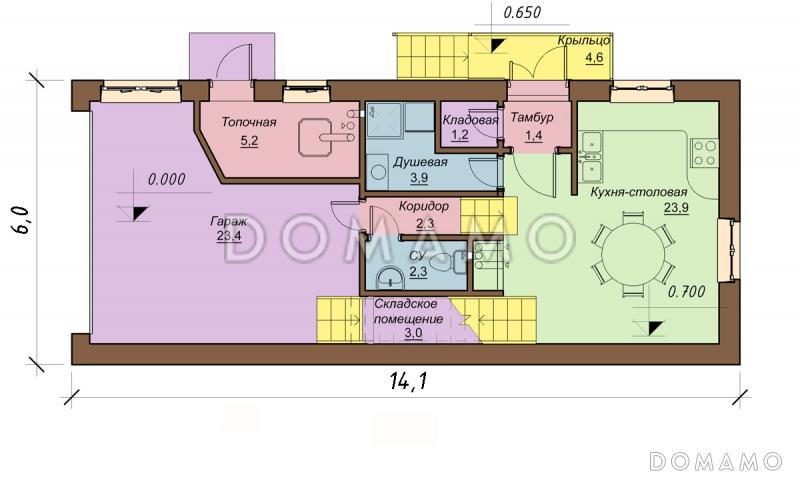 Проект одноэтажного дома с мансардным этажом и встроенным гаражом  / План 1 этажа