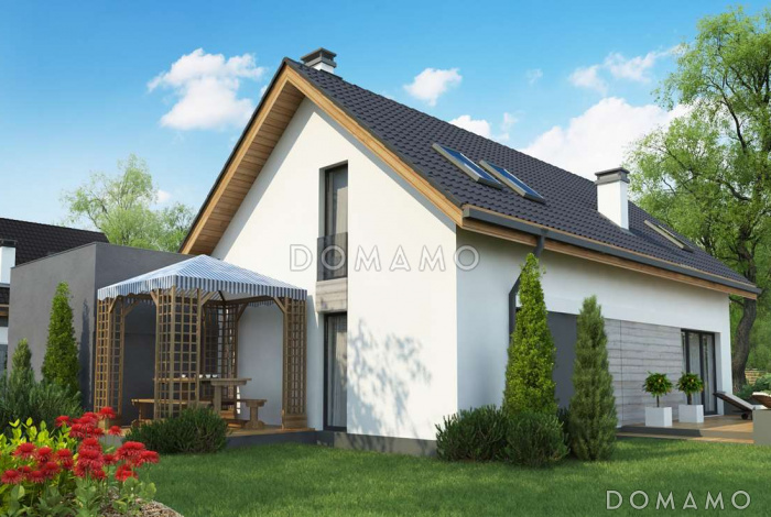 Проект одноэтажного мансардного дома из кирпича с кабинетом, балконом и гаражом