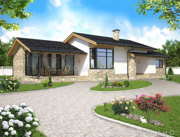 Проект одноэтажного дома с крытой террасой, сауной, тремя спальнями, большой кухней-столовой