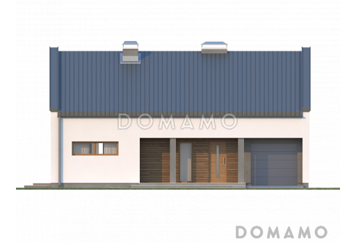 Проект просторного современного одноэтажного мансардного дома из кирпича с большой кухней-столовой, четырьмя комнатами и гаражом / Фасад 1