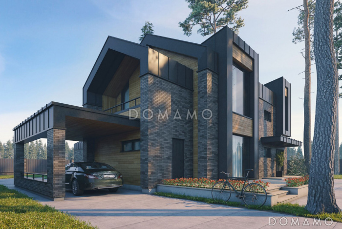 Проект дома из газобетона с мастер-спальней, СПА зоной, крытой террасой и автонавесом