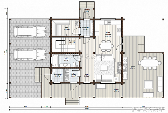 Проект дома с закрытым парковочным местом на две машины, огромной террасой и специально отведенным местом под барбекю / План 1 этажа