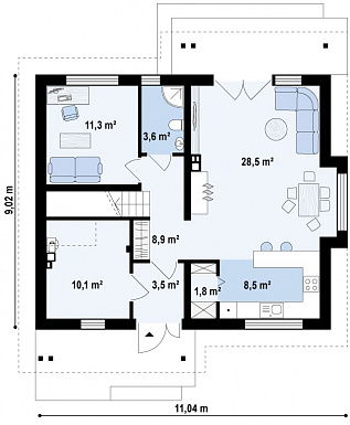 Проект классического мансардного дома из газобетона с кабинетом и большим техническим помещением / План 1 этажа