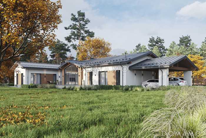 Проект одноэтажного кирпичного дома с четырьмя спальнями, просторной дневной зоной и застекленной террасой с барбекю