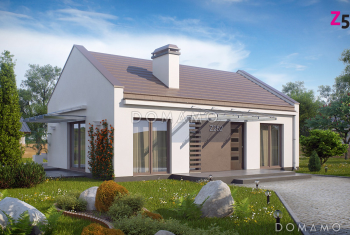 Проект компактного одноэтажного дома из газобетона с двумя спальнями и большой угловой открытой террасой 